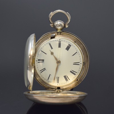 26754429f - JORDAN ROCHE silver verge pocket watch, London around 1832, engine-turned hunter case dent, hunter cover with monogram, enamel dial with Roman numerals, gilded hands, gold-plated movement with chain and fusee, pierced and engraved balance-cock with diamond endstone, blued screws, diameter approx. 49 mm, hinge worn out, overhaul recommended at buyer's expense, condition 3