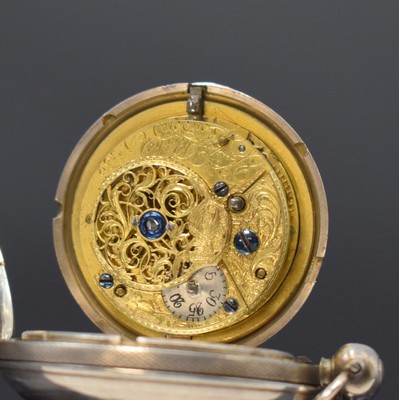 26754429g - JORDAN ROCHE silver verge pocket watch, London around 1832, engine-turned hunter case dent, hunter cover with monogram, enamel dial with Roman numerals, gilded hands, gold-plated movement with chain and fusee, pierced and engraved balance-cock with diamond endstone, blued screws, diameter approx. 49 mm, hinge worn out, overhaul recommended at buyer's expense, condition 3
