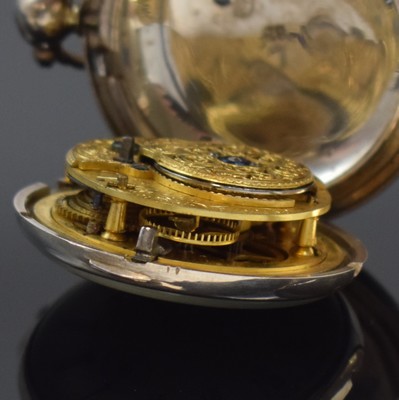 26754429i - JORDAN ROCHE silver verge pocket watch, London around 1832, engine-turned hunter case dent, hunter cover with monogram, enamel dial with Roman numerals, gilded hands, gold-plated movement with chain and fusee, pierced and engraved balance-cock with diamond endstone, blued screws, diameter approx. 49 mm, hinge worn out, overhaul recommended at buyer's expense, condition 3
