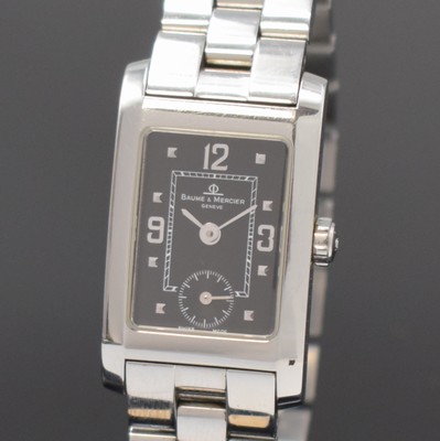 26754433a - BAUME & MERCIER Hampton Classic ladies wristwatch in steel reference MV045139, Switzerland around 2000, quartz, original bracelet with butterfly buckle, snap on case back, black dial with silvered hour-indices and Arabic numerals, silvered hands, constant second, measures approx. 33 x 24 mm, length approx. 16,5 cm, signs of use, condition 2-3