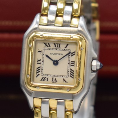 26754729a - CARTIER Panthere ladies wristwatch in steel/gold, Switzerland around 1990, quartz, back with 8 screws, original bracelet with butterfly buckle, silvered dial with Roman numerals, blued steel hands, jeweled crown, measures approx. 29 x 22 mm, length approx. 17,5 cm, condition 2-3