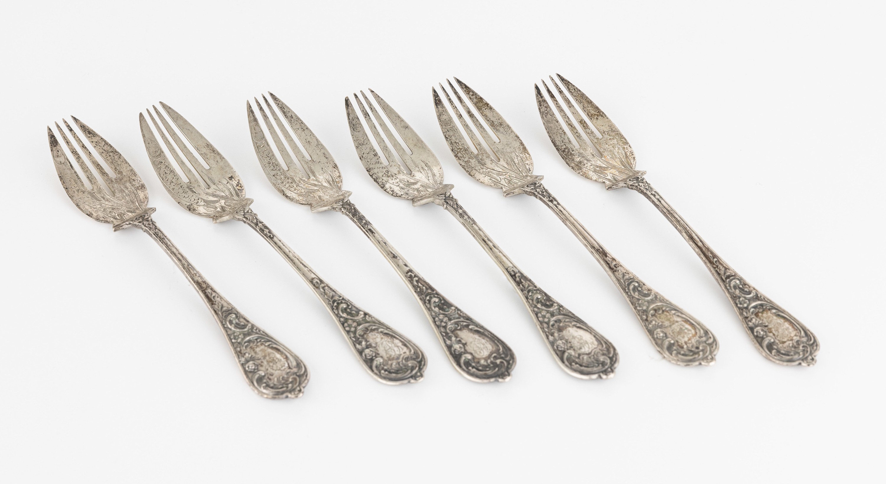 Set 6 Fischgabeln, 800er Silber, deutsch, 1890-1900, barocke Formsprache mit Rocaillen, L. ca. 18 cm, ca. 295 g, Meistermarke unged.
