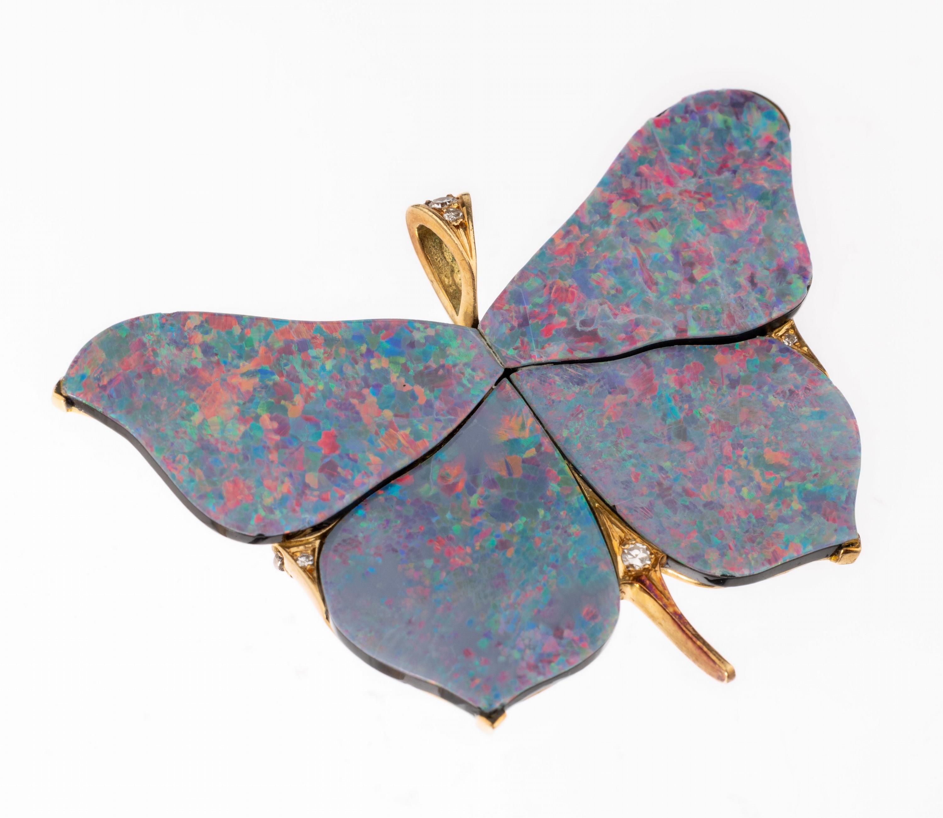 18 kt Gold Opal-Anhänger "Schmetterling", GG 750/000, Meistermarke HB, Flügel mit 4 Opal-Doublette, 5 8/8-Diamanten zus. ca. 0.08 ct ...