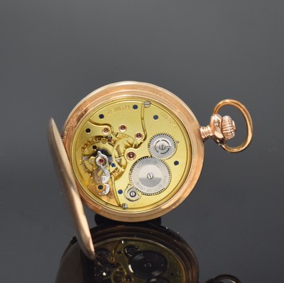 26754901g - ZENITH 14k pink gold hunting cased pocket watch, Switzerland around 1910, engine-turned 2-cover gold-case dent, monogram-engraving on hunter cover, metal cuvette with medals- engraving, two piece construction enamel dial with hairline cracks, gold plated precision movement, 16 jewels, 4 pressed Chatons, compensation-balance with Breguet-hairspring, precision adjustment, diameter approx. 53 mm, weight approx. 91g, overhaul recommended at buyer's expense, condition 2-3