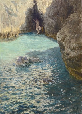 Image 26755066 - Ludwig Neuhoff, 1870 Barmen - 1905 Bonn, Studies at the Kunstakademie Düsseldorf, and at the academy Karlsruhe with Gustav Schönleber; two bathers in a grotto near Capri, 1899 the artist visited the Italian Riviera and Capri, signed and dated 1898, approx. 80 x 60 cm, black frame