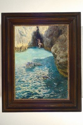 26755066k - Ludwig Neuhoff, 1870 Barmen - 1905 Bonn, Studies at the Kunstakademie Düsseldorf, and at the academy Karlsruhe with Gustav Schönleber; two bathers in a grotto near Capri, 1899 the artist visited the Italian Riviera and Capri, signed and dated 1898, approx. 80 x 60 cm, black frame