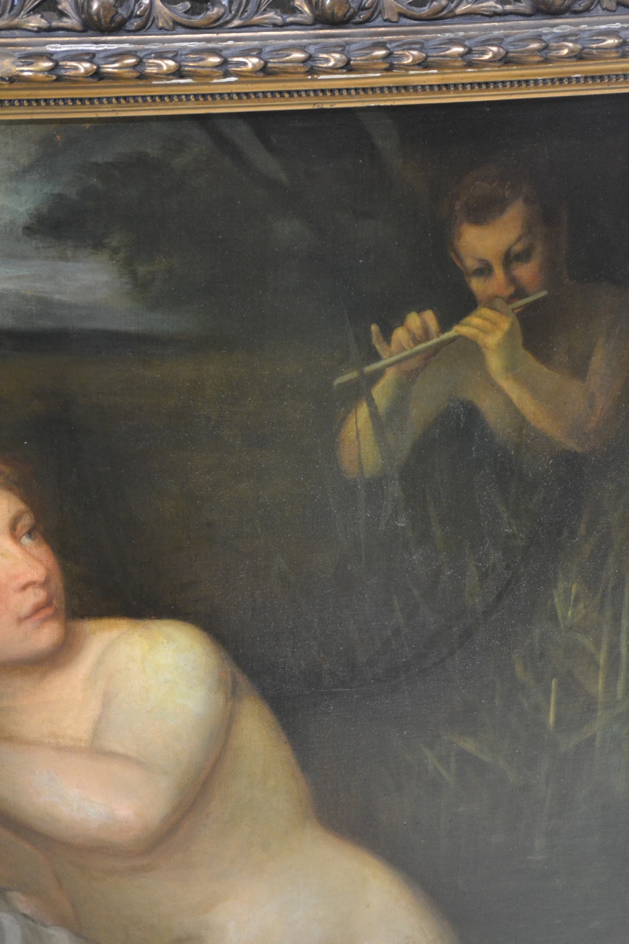 Detail d: August George-Mayer, 1834-1889 Wien, zwei Badende mit Flöte spielendem Pan, links vertikal signiert und datiert 1876, Öl/Lwd, auf Karton doubliert, ...