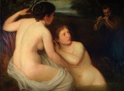 Image 26755190 - August George-Mayer, 1834-1889 Vienna, two bathers with Pan playing the flute, left vertically signed and dated 1876, oil/canvas, relined on cardboard, verso old exhibition label inscribed #"Badendes Mädchen#", stamp #"From the Federal Monuments Office for exportreleased#", restored, 95 x 117 cm, gilded wooden frame with fretwork, paint peeling approx. 112x115cm