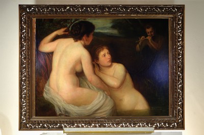 26755190k - August George-Mayer, 1834-1889 Vienna, two bathers with Pan playing the flute, left vertically signed and dated 1876, oil/canvas, relined on cardboard, verso old exhibition label inscribed #"Badendes Mädchen#", stamp #"From the Federal Monuments Office for exportreleased#", restored, 95 x 117 cm, gilded wooden frame with fretwork, paint peeling approx. 112x115cm