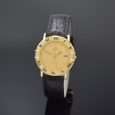Image OMEGA Constellation wristwatch in 18k yellow gold, quartz, reference 1961080, case back with representation observatory pressed on, neutral leather strap with original buckle, bezel with Roman numerals, champagne coloured dial with gilded hour-indices, gilded luminous hands, date at 3, diameter approx. 33 mm, condition 1-2
