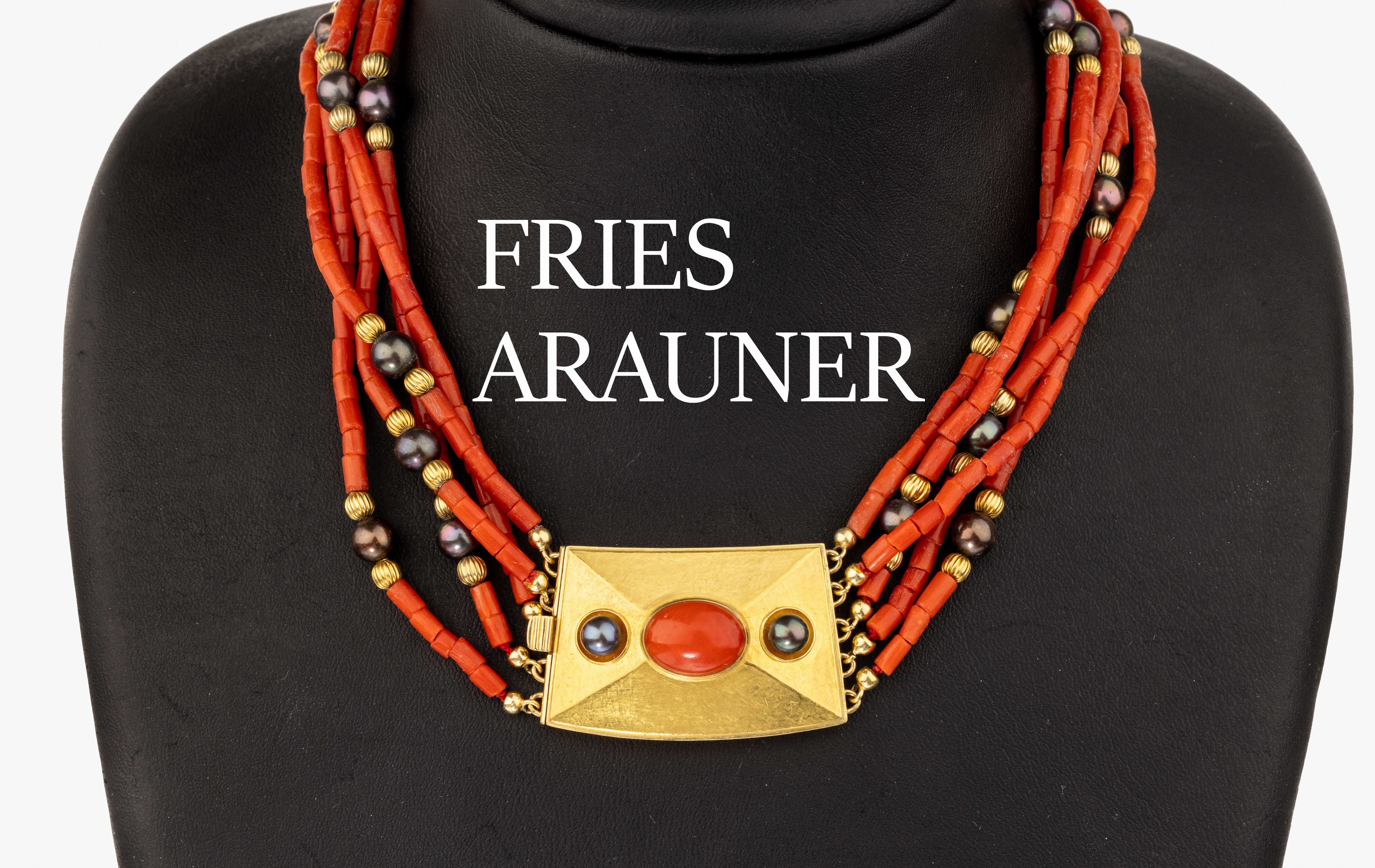 5-rhg. Designer Collier, FRIES ARAUNER, sogen. Collier de Chien, 18kt und 21 kt, GG 750/000 und GG 900/000, Schmuckschließe mit 1 Korallen-Cabochon ...