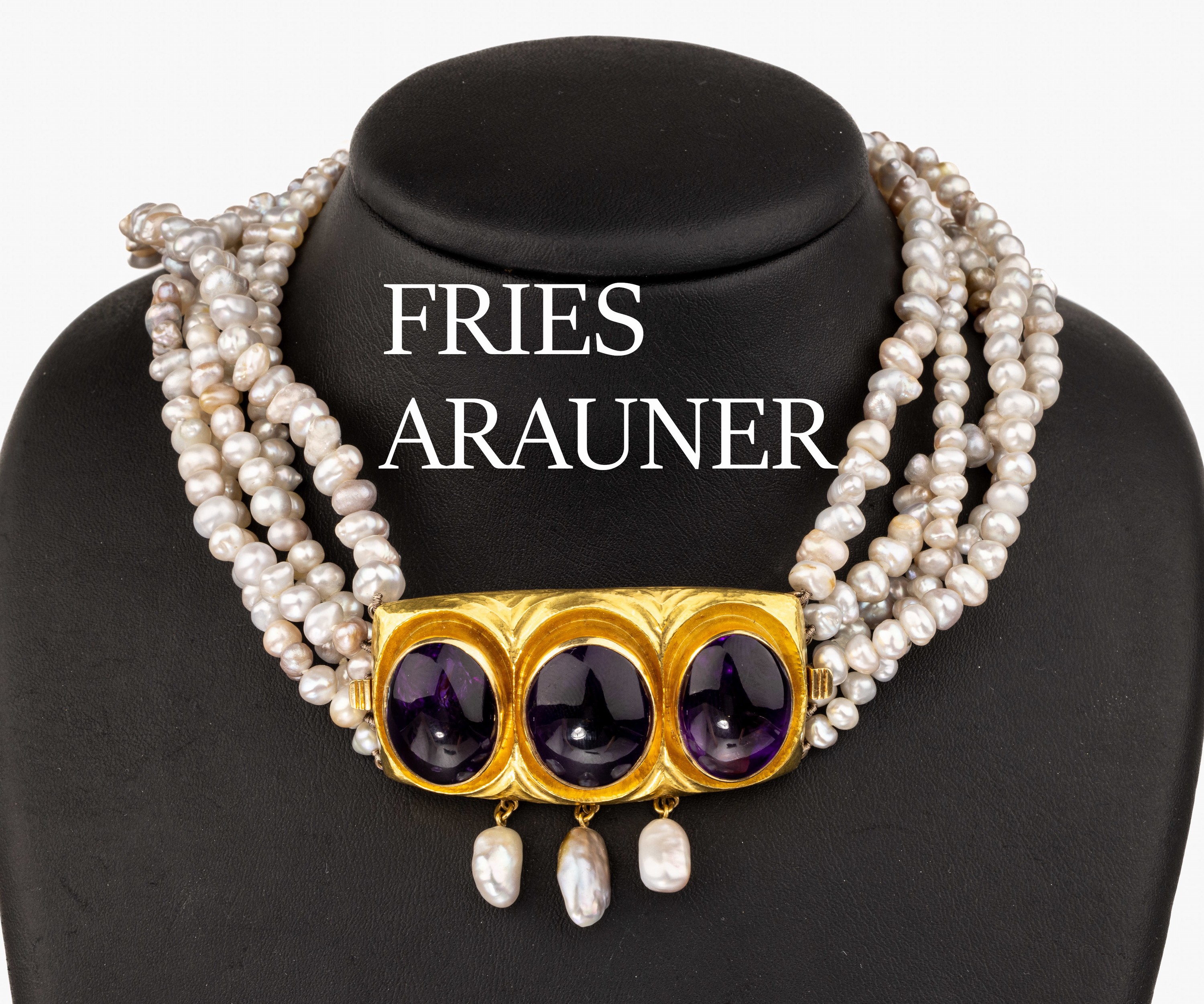 Designer Wechsel-Collier FRIES ARAUNER: 5-reihige Süßwasserzuchtperlkette, sogen. Drachenzahn mit 2 Wechsel-Schließen: 1 x 21 kt Gold, GG ...