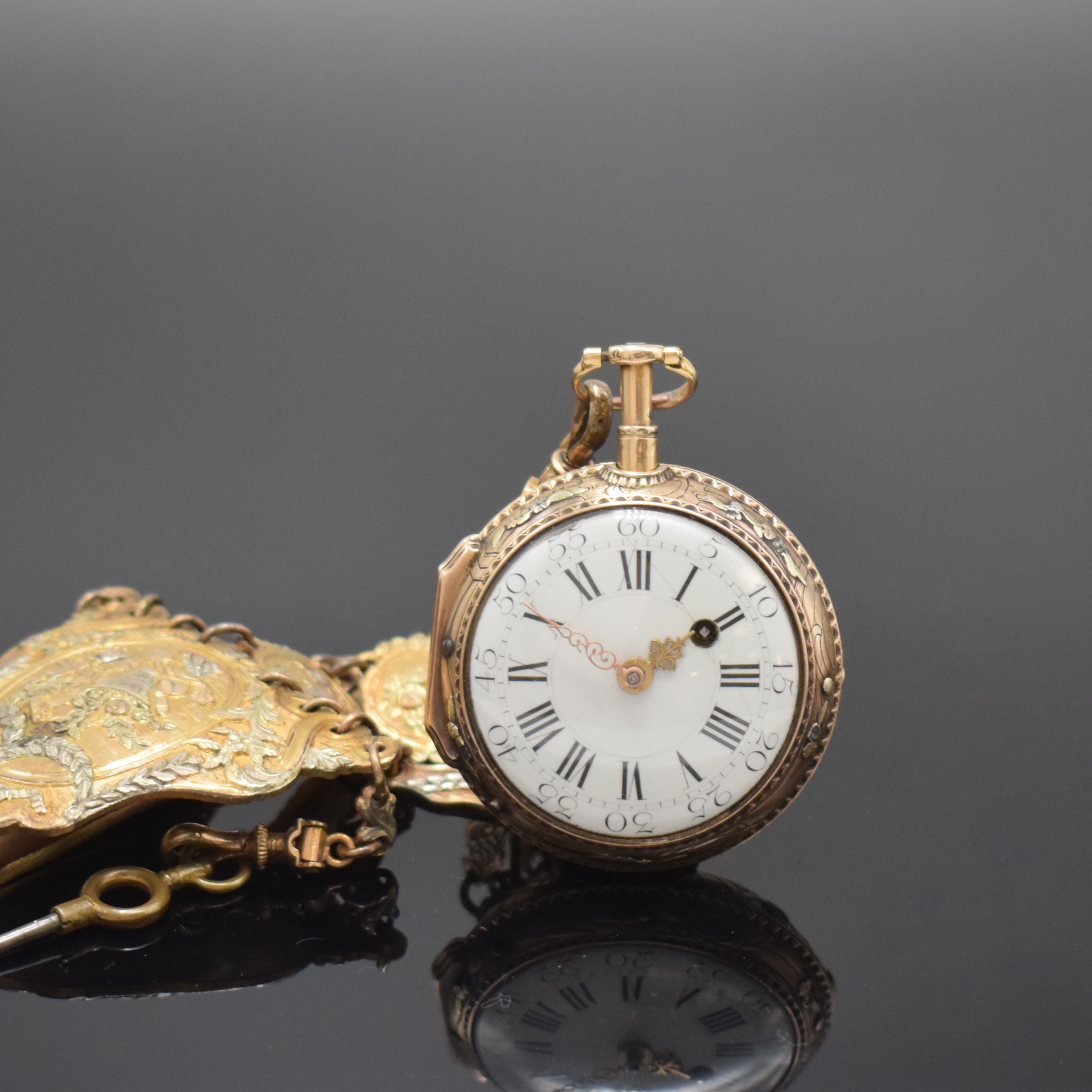 VARIN à Chalon quatre couleur Gold Spindeltaschenuhr mit 1/4-Repetition und passendem vergold. Chatelain, Frankreich um 1770, rückseitig m. ...