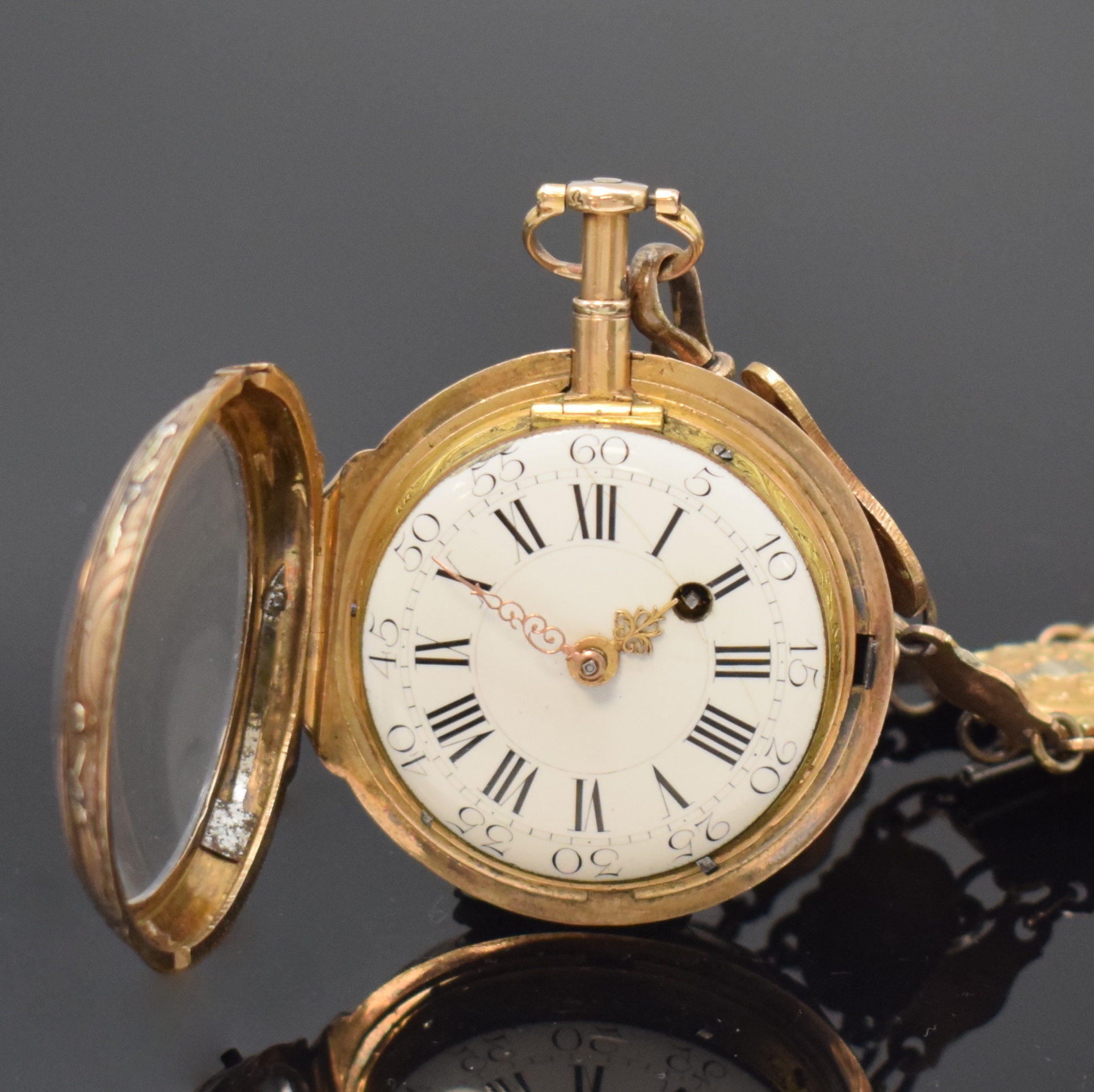 Detail b: VARIN à Chalon quatre couleur Gold Spindeltaschenuhr mit 1/4-Repetition und passendem vergold. Chatelain, Frankreich um 1770, rückseitig m. ...
