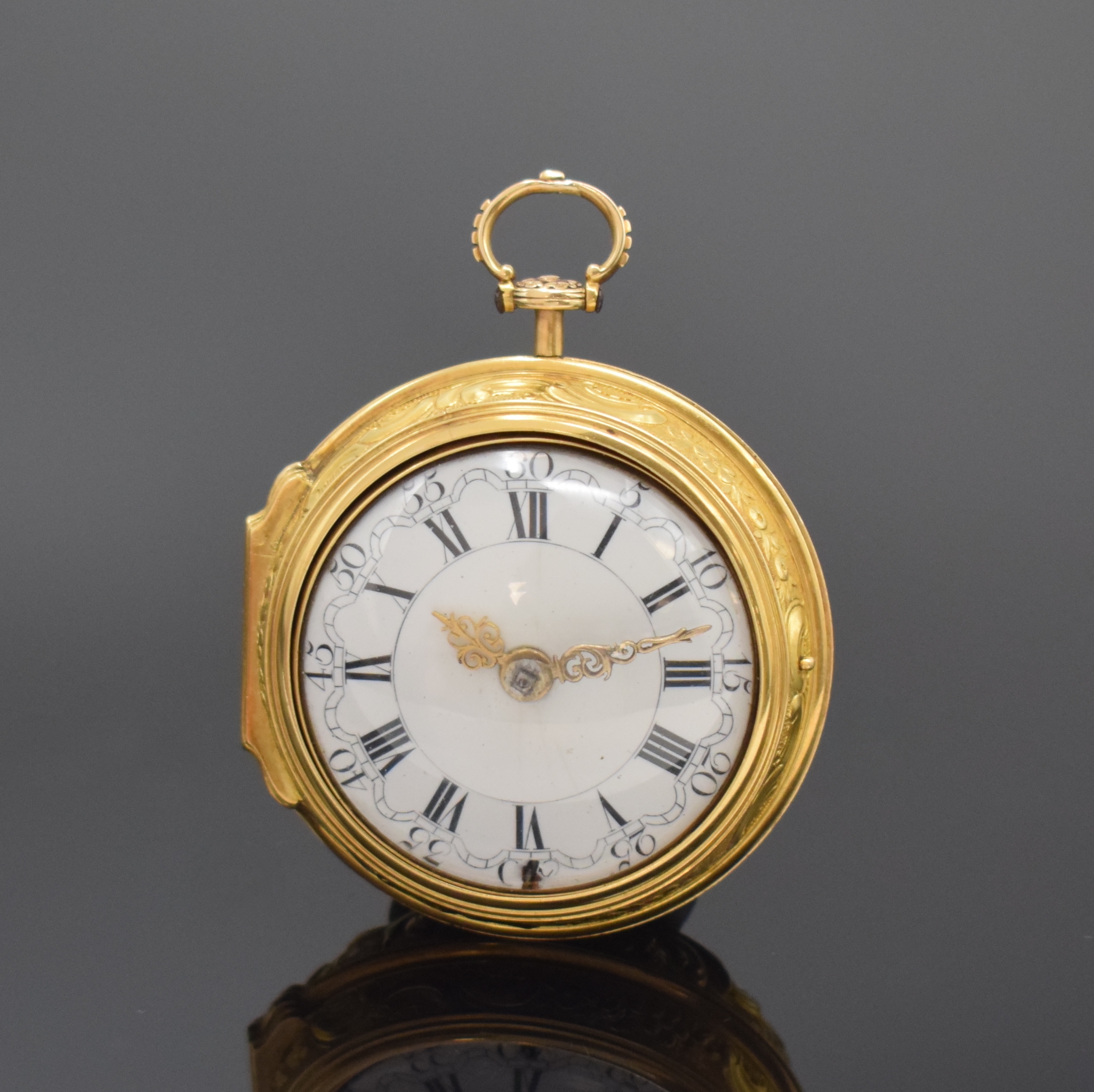 Jn. GRANTHAM London Repoussé Spindeltaschenuhr im doppelten 22k Goldgehäuse, London Hallmark 1762, glattes Geh., Repoussé-Übergeh. m. großem ...