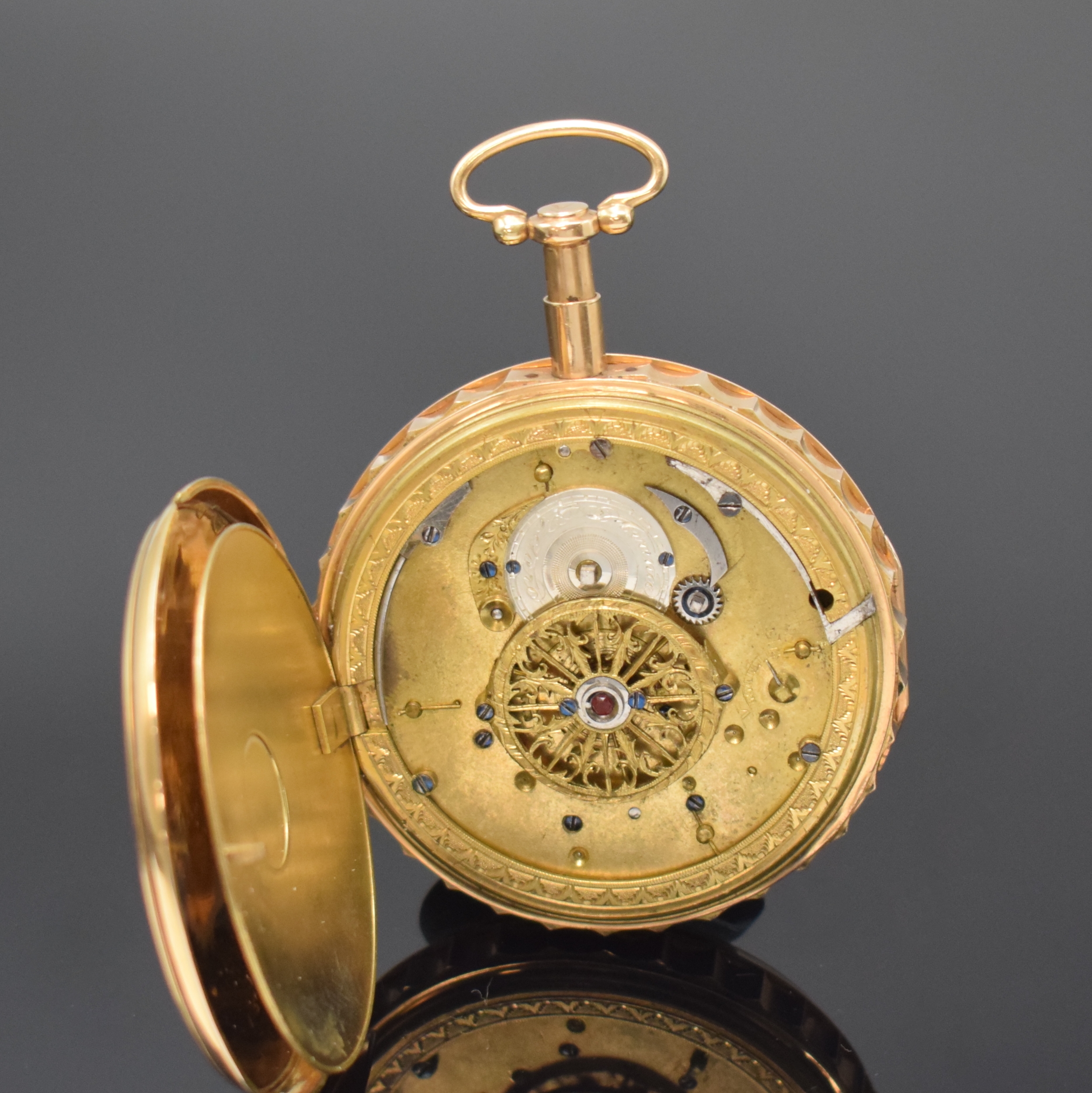 Detail d: Breguet & Fils offene Spindeltaschenuhr mit 1/4-Repetition in RoseG 750/000, Schweiz um 1820, guill. Geh. m. kanneliertem Rand, ...
