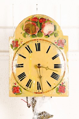 Image 26755330 - Arched shield clock with quarter-hour strike and 3 movements, signed Fidel Imberg, Falkau/ Titisee, 1865, florally painted arched dial with raised numeral circle (damaged), large wooden plate movement, signed on the back, 3 movements next to each other, door and wall bracket sec., strike every quarter of an hour on smaller ones Gong, subsequent strike on the hour on a large gong, metal spindle, 3 weights and wall bracket sec. original pendulum, running period 1 day, H. approx. 33cm, condition of work 3, condition of housing 2-3, rare