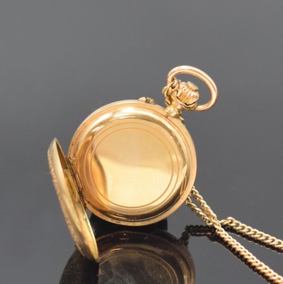 26755394e - G. W. & Cie small 18k gold ladies hunting cased pocket watch, Switzerland around 1890, full engraved 3-cover gold case, both cover partial enameled faulty, signed enamel dial, gilded hands, gold plated cylinder movement not working, gold plated chain enclosed, diameter approx. 26 mm, condition 3-4