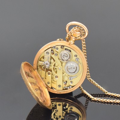 26755394g - G. W. & Cie small 18k gold ladies hunting cased pocket watch, Switzerland around 1890, full engraved 3-cover gold case, both cover partial enameled faulty, signed enamel dial, gilded hands, gold plated cylinder movement not working, gold plated chain enclosed, diameter approx. 26 mm, condition 3-4