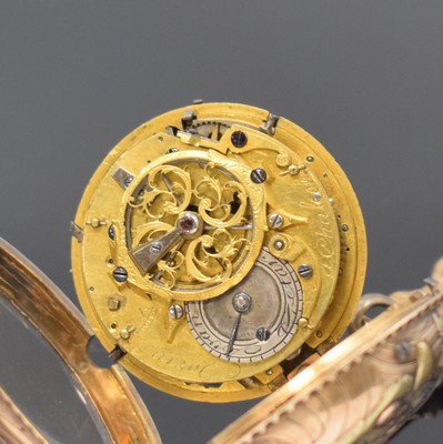 26755395c - VARIN à Chalon quatre couleur gold verge pocket watch with 1/4-repetition and matching gold plated Chatelain, France around 1770, on the back with garden implements decorated case with big lateral hinge, repetition-triggering by pendant, enamel dial hairlines, gilded hands (minutes later), gold plated movement, pierced and engraved balance bridge, chain and fusee, strike on bell in case-back, diameter approx. 47 mm, overhaul recommended at buyer's expense, 1/4-strike has to be adjust, condition 2-3