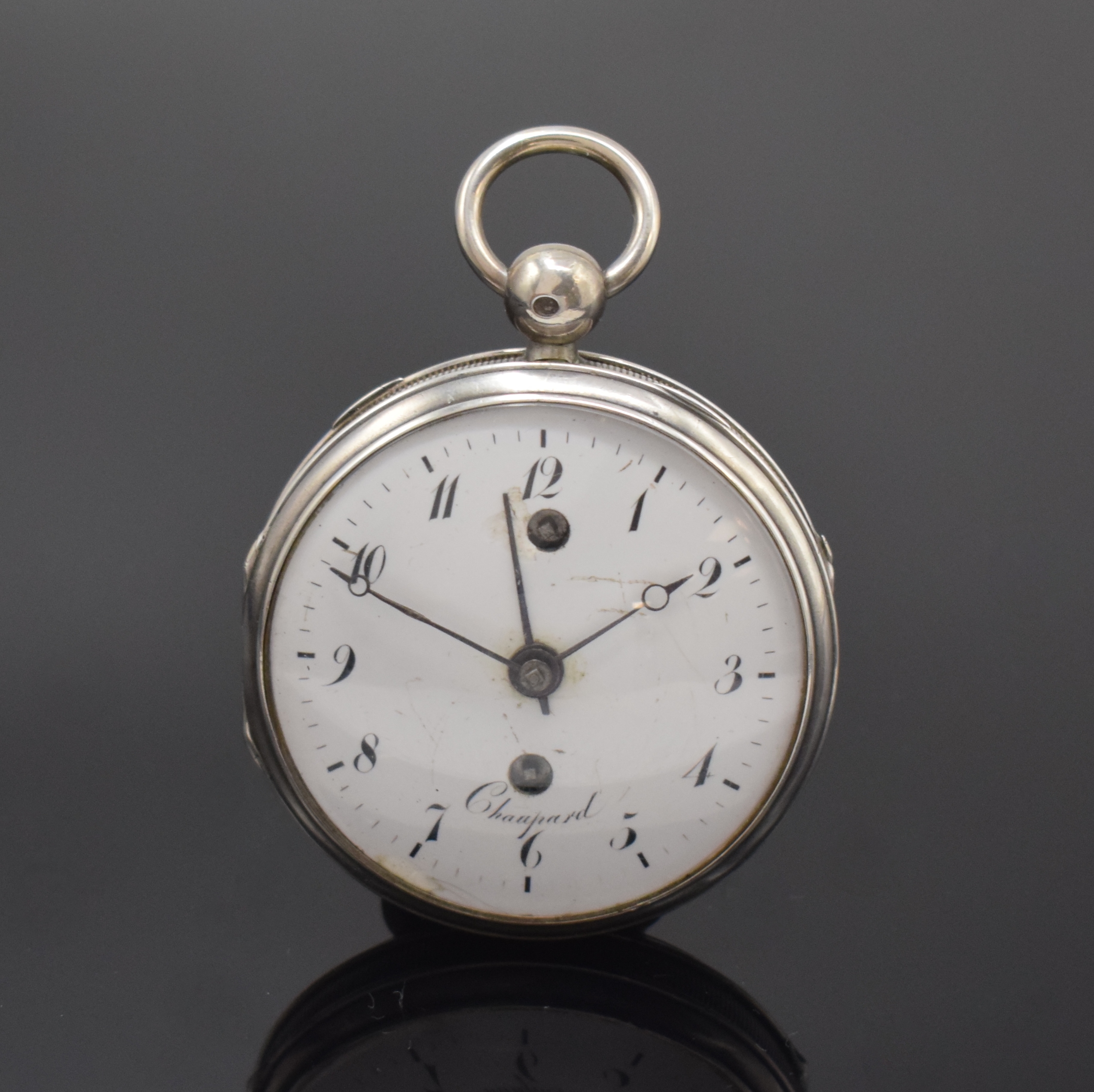 CHAUPARD offene Spindeltaschenuhr mit Wecker in Silber, Frankreich um 1820, guill. Geh., durchbr. u. grav. Innendeckel für darauf montierte Glocke, ...