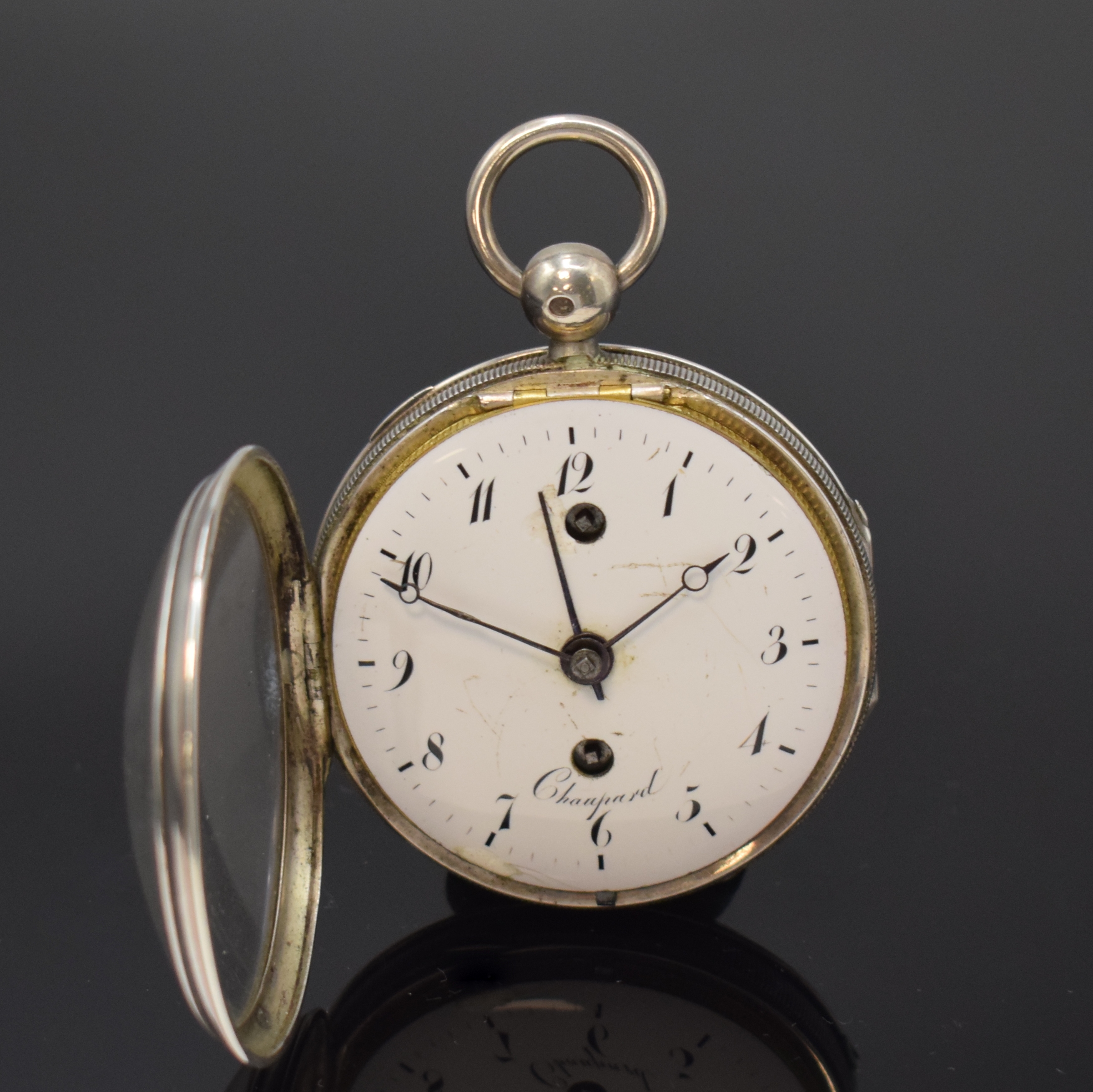 Detail d: CHAUPARD offene Spindeltaschenuhr mit Wecker in Silber, Frankreich um 1820, guill. Geh., durchbr. u. grav. Innendeckel für darauf montierte Glocke, ...