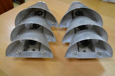 26755495a - Pair of wall lamps, 1930s, aluminum, triple divided with small. Star-shaped recesses, three burning points, function not tested, H. approx. 52 cm, W. approx. 26 cm