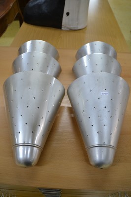 26755495c - Pair of wall lamps, 1930s, aluminum, triple divided with small. Star-shaped recesses, three burning points, function not tested, H. approx. 52 cm, W. approx. 26 cm
