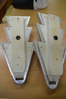 26755495f - Pair of wall lamps, 1930s, aluminum, triple divided with small. Star-shaped recesses, three burning points, function not tested, H. approx. 52 cm, W. approx. 26 cm