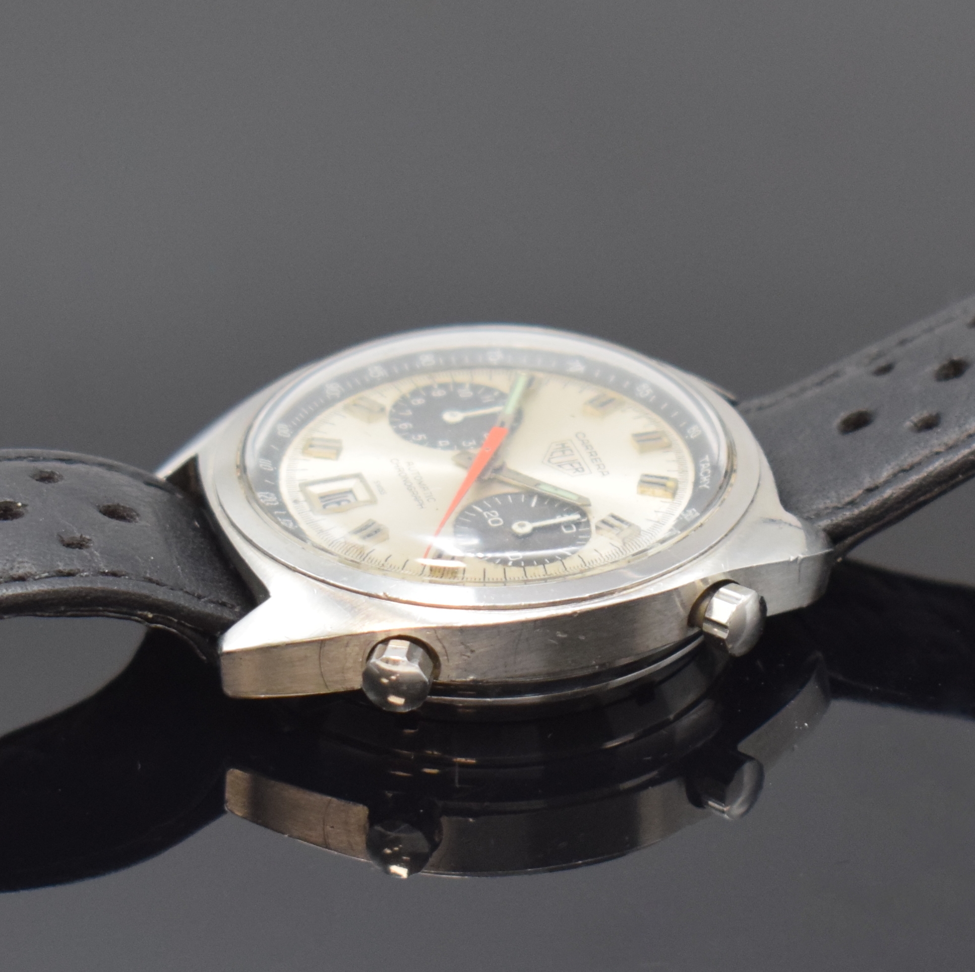 Detail c: HEUER Carrera Armbandchronograph mit Kaliber 12 Referenz 1153, Schweiz um 1970, Automatik, Boden verschr., orig. Drücker, Krone später, silb. ...