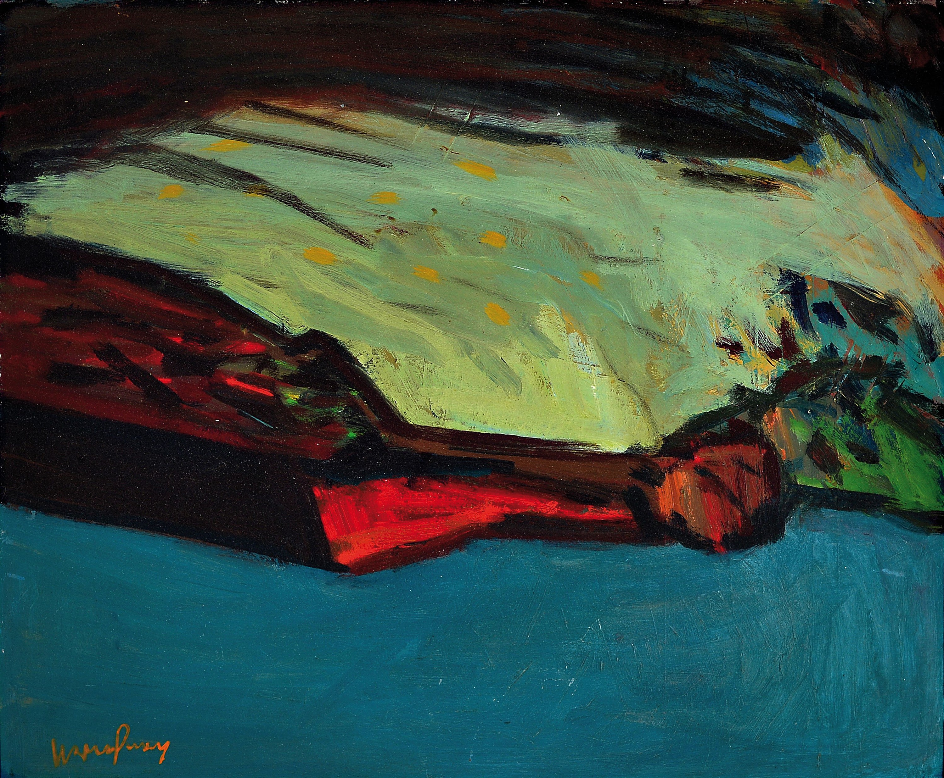 Unleserlich signiert, abstr. Landschaft, Öl/Platte, li. und signiert, ca. 50 x 60 cm, Rahmen abgerieben, ca. 66 x 76 cm