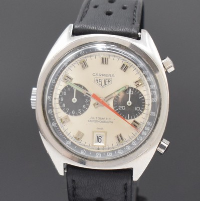 26755533a - HEUER Carrera gents chronograph with calibre 12 reference 1153, Switzerland around 1970, self winding, screwed down case back, original pusher, winding crown later, silvered dial with dents/spotty, applied hour-indices, 12 hours and 30 minutes counter, tachometer graduation, date at 6, luminous material of the hands refreshed, diameter approx. 38 mm, overhaul recommended at buyer's expense, condition 3