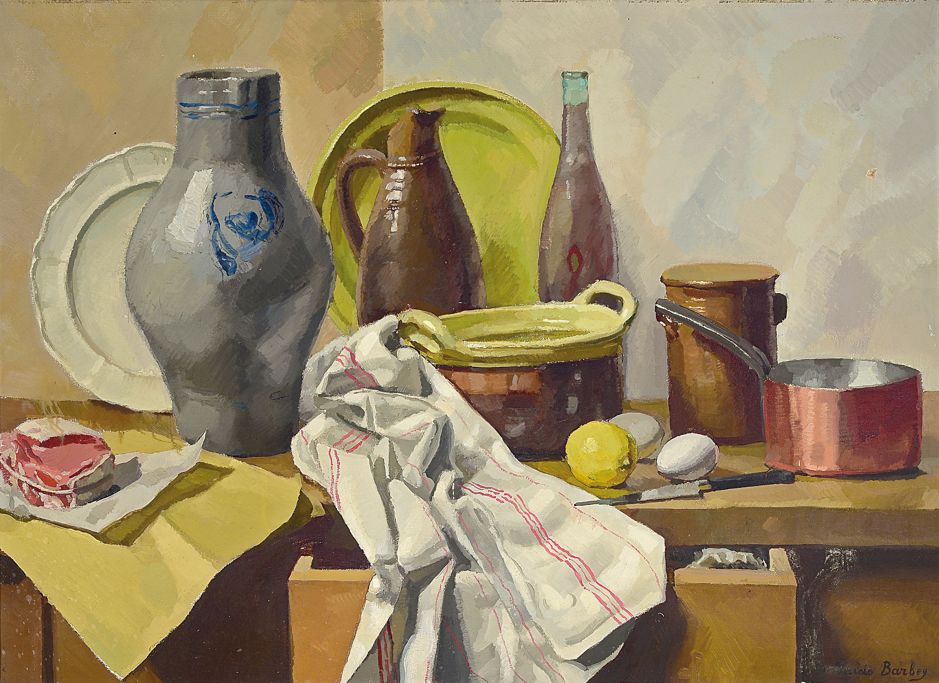 Louis Valdo-Barbey, 1883-1965, Stillleben mit Küchenutensilien, Öl/Lwd, re. u. sign., rückseitig Ausst.-Aufkleber von 1924, ca. 73x99cm, R. ca. ...