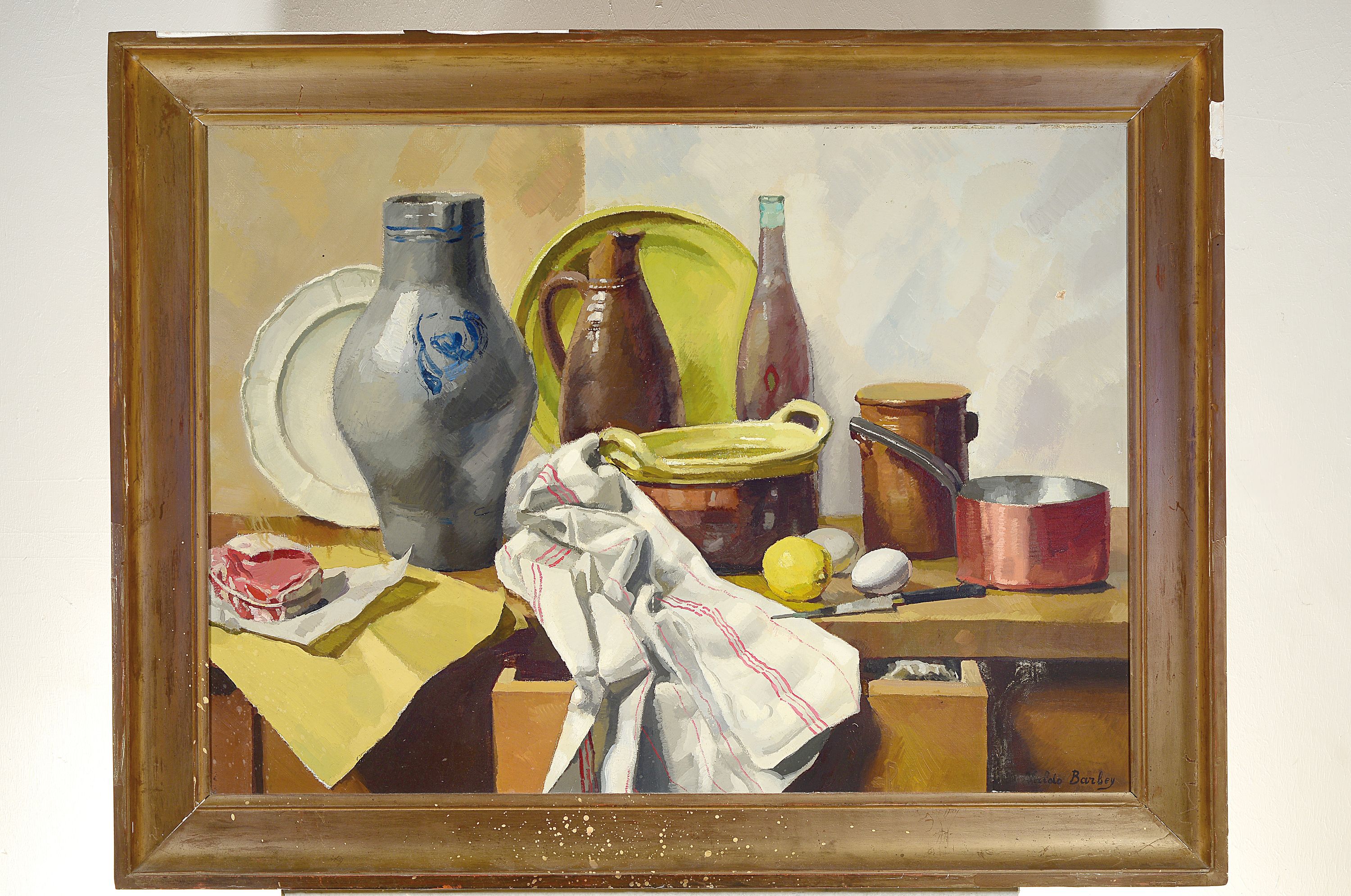 Detail k: Louis Valdo-Barbey, 1883-1965, Stillleben mit Küchenutensilien, Öl/Lwd, re. u. sign., rückseitig Ausst.-Aufkleber von 1924, ca. 73x99cm, R. ca. ...