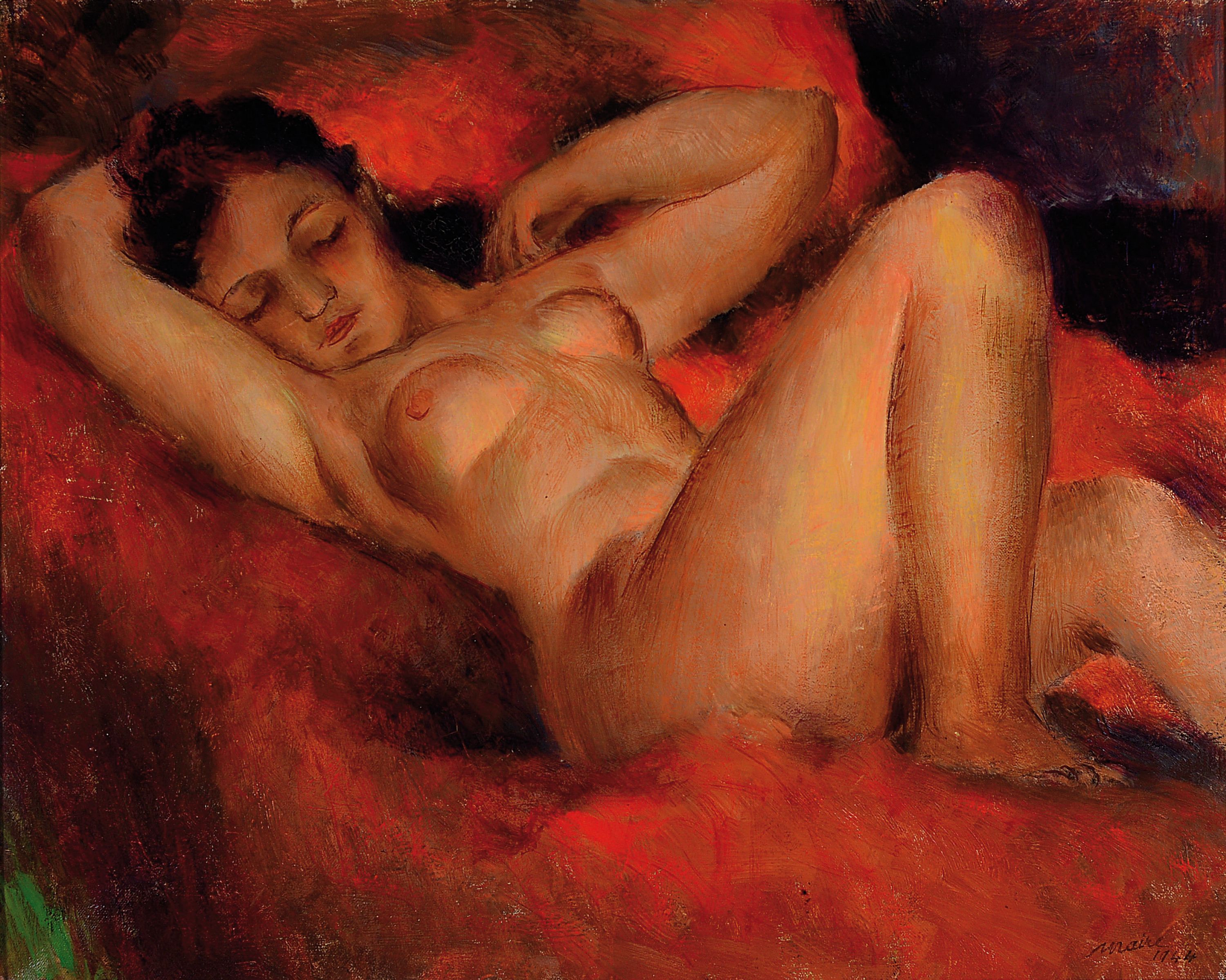 Ferdinand Henri Maire, 1901-1963, Schweiz, liegender weiblicher Akt vor rotem Grund, signiert und datiert 1944, Öl/Lwd, 40x50 cm, Rahmen 56x67 cm