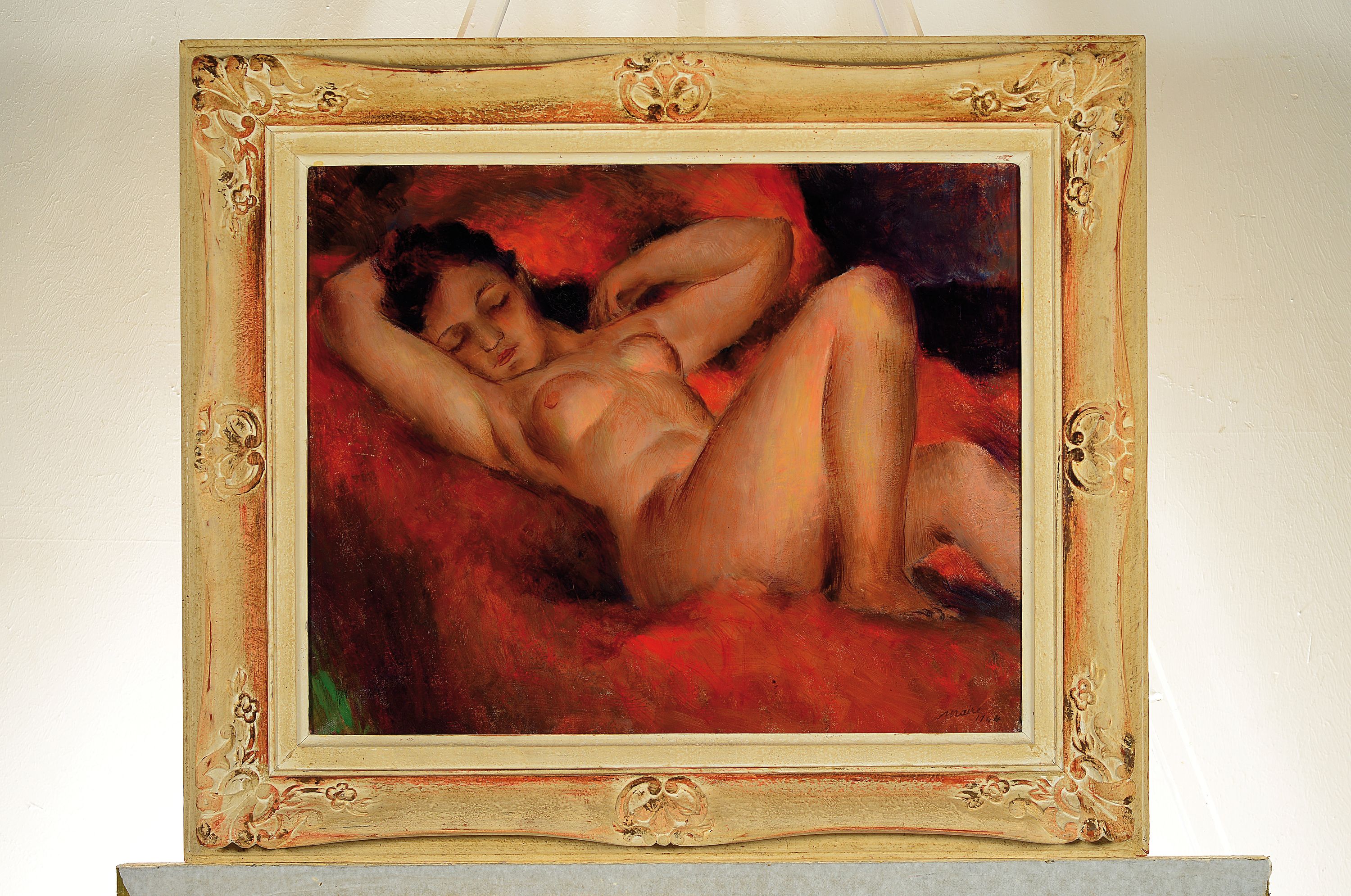 Detail k: Ferdinand Henri Maire, 1901-1963, Schweiz, liegender weiblicher Akt vor rotem Grund, signiert und datiert 1944, Öl/Lwd, 40x50 cm, Rahmen 56x67 cm