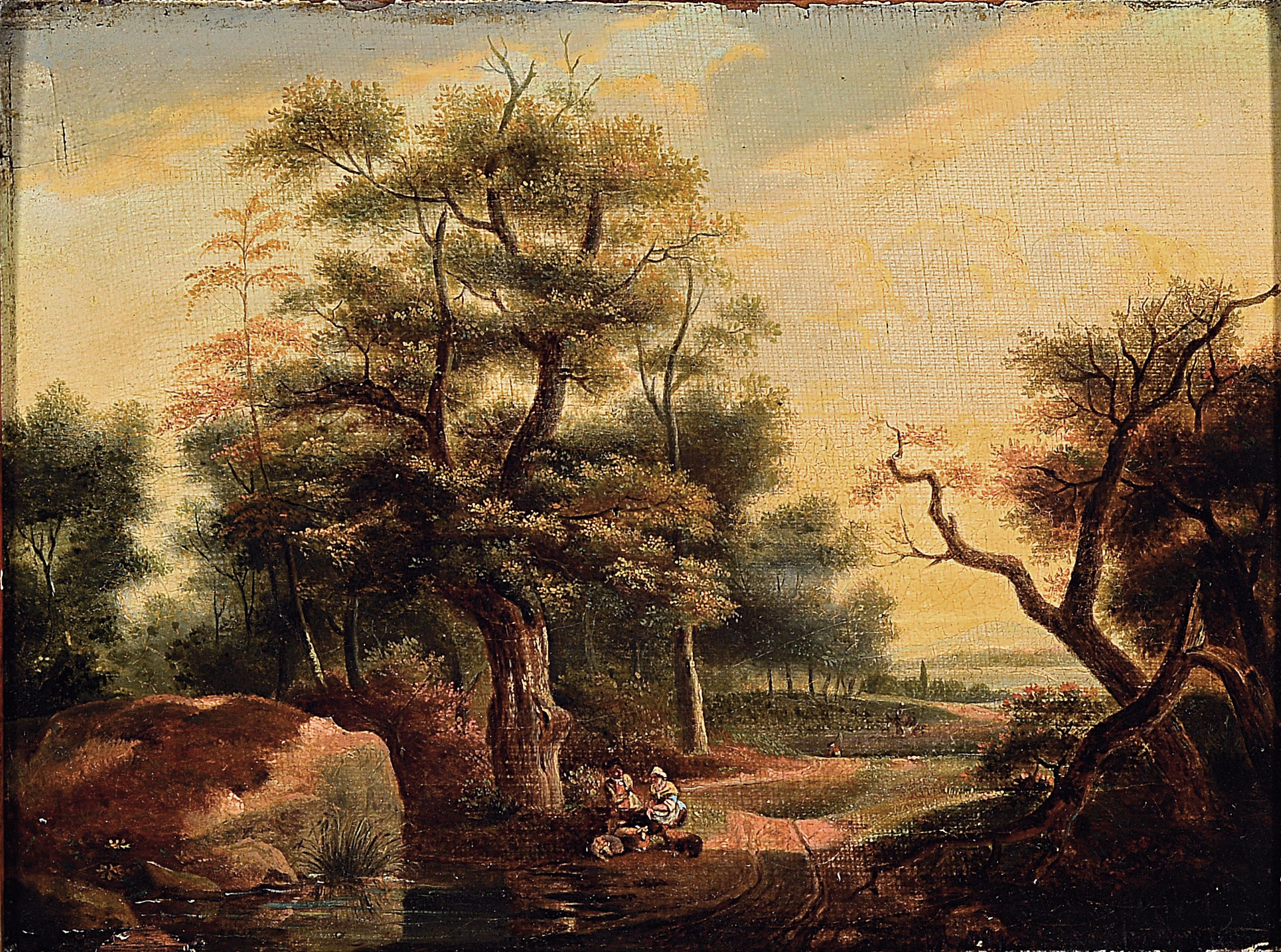 Unbekannter Spätromantiker des 19.Jh., pastorale Landschaft im Abendlicht, Schäferpaar beim Rasten am Teich, Öl/Lwd, doubliert auf Holz, stärker ...