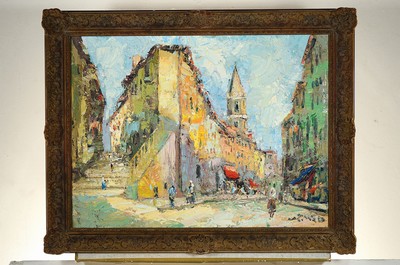 26755714k - Prof. Walter Prescher van Ed, 1916 Dresden- 1988 Ottendorf, Marseille-in the old town Montée des Acoules, so on the back titled, oil/canvas, spatula technique, right below andverso signed, approx. 60x80cm, frame approx. 75x85cm