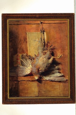 26755772k - H. Dietzsch, dated (19)02, still life with hanging pheasant, trompe l#'oeil, signed lowerleft and dated 02, oil/canvas, relined on painting board, narrow frame 52x42 cm