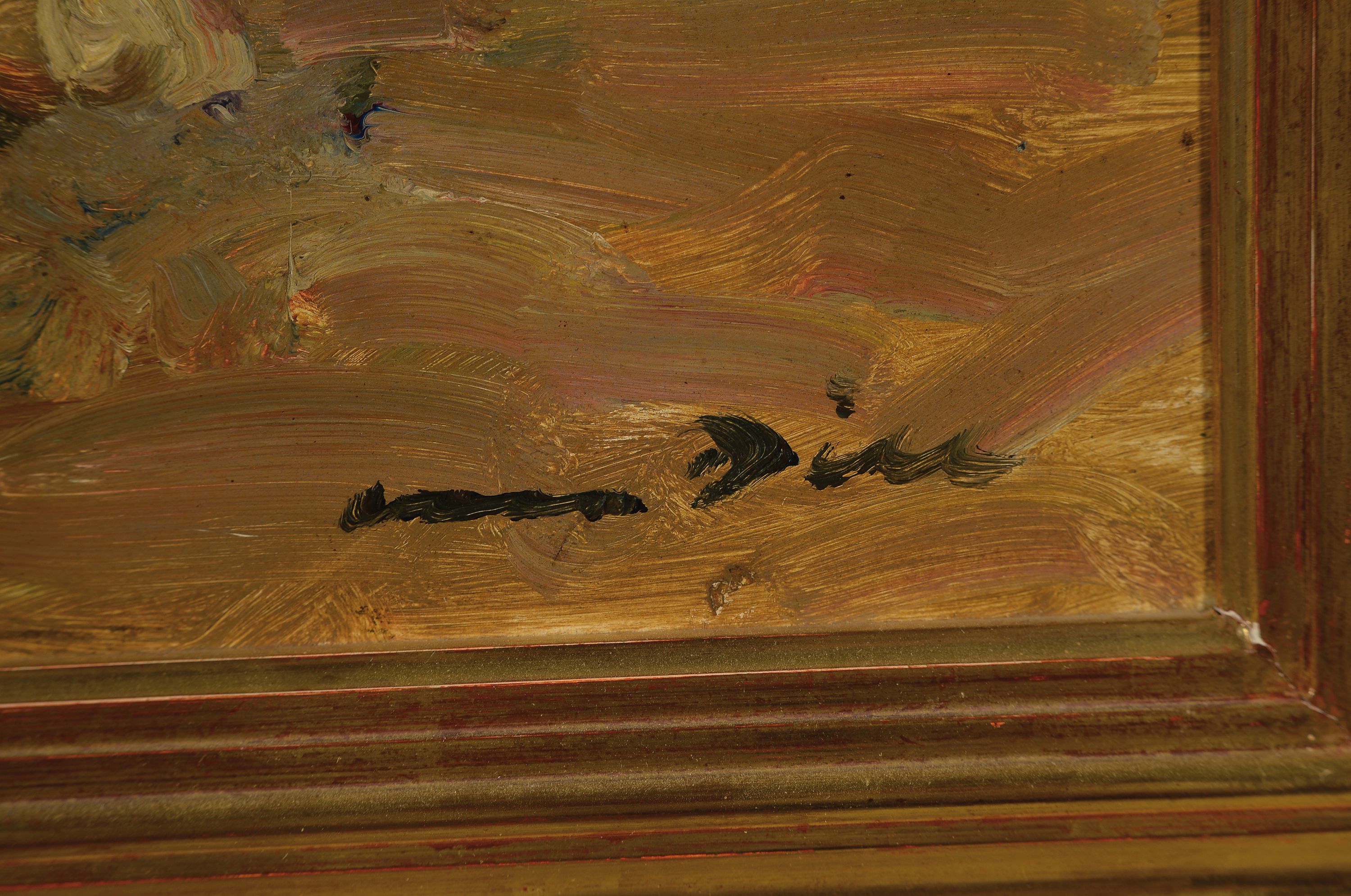Detail a: Otto Dill, 1884 Neustadt-1957 Bad Dürkheim, Reiter mit 4 Pferden auf dem Weg zur Furt, Öl/Holz, rechts unten sign., ca. 30x40cm, R. ca. 42x52cm
