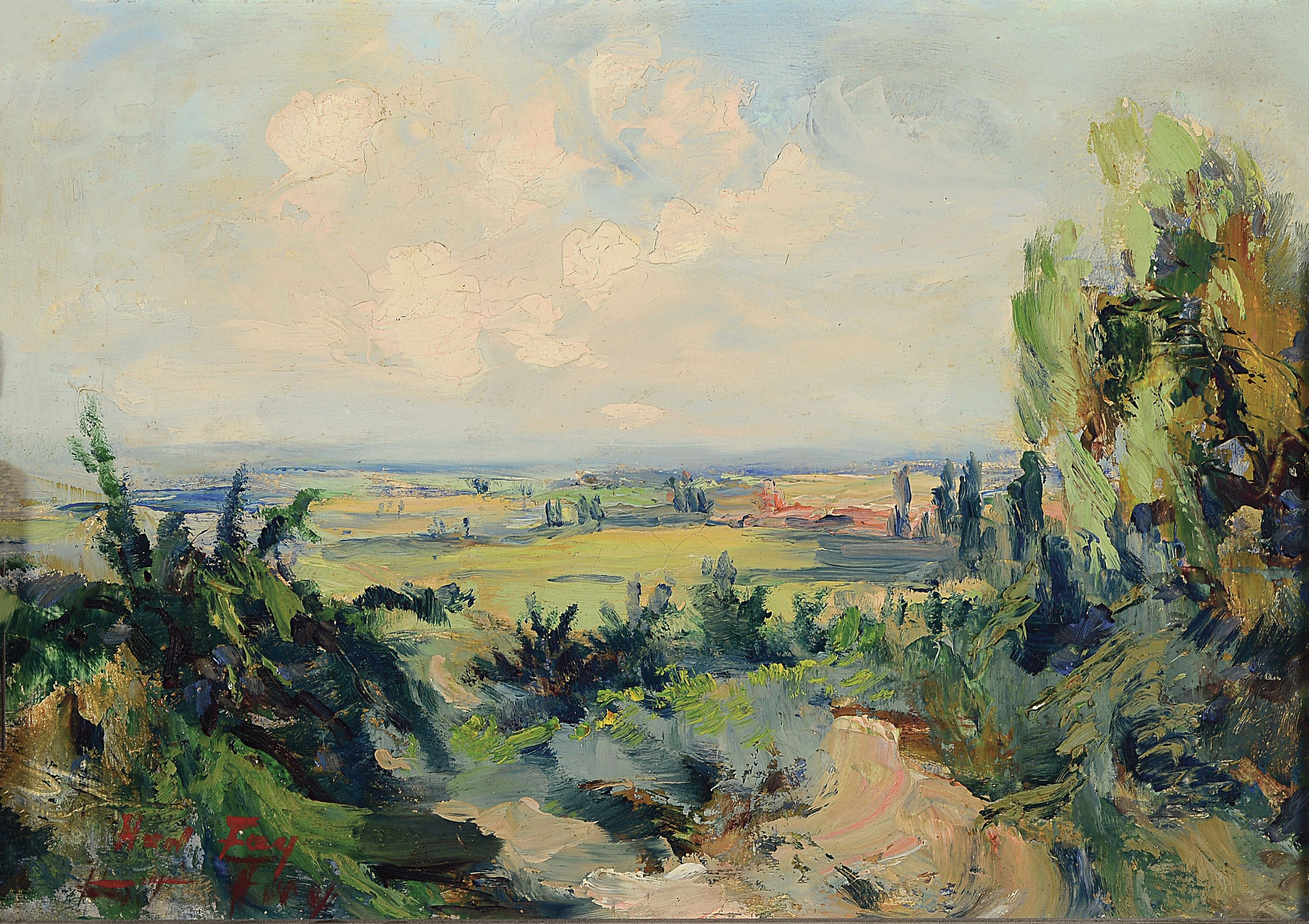 Hanns Fay, 1888 Frankenthal-1957 Neustadt. Landschaft in der Pfalz, Blick in die Rheinebene, Öl/Malkarton, links unten sign., ca. 28x40cm, R. ca. ...