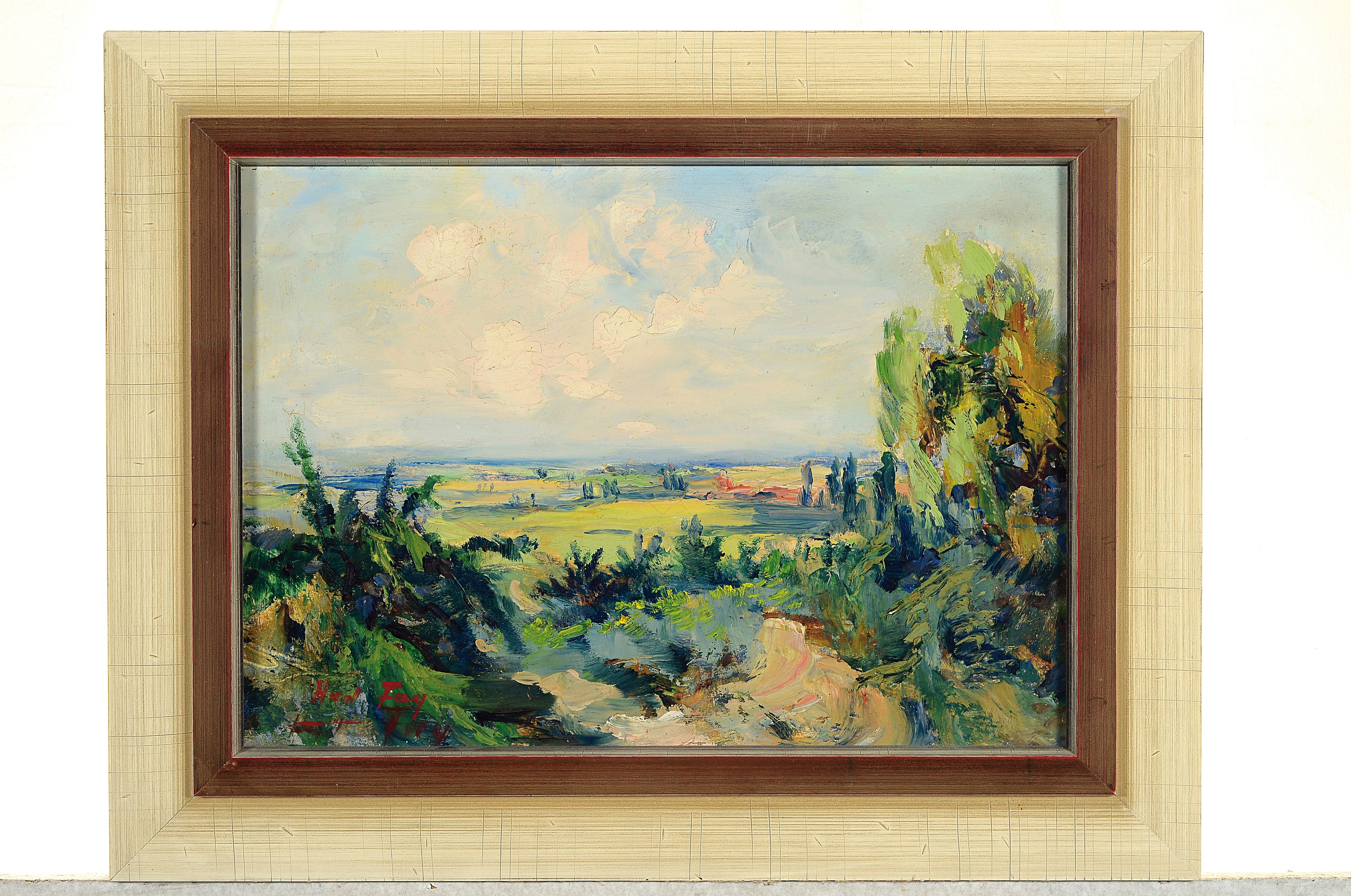 Detail k: Hanns Fay, 1888 Frankenthal-1957 Neustadt. Landschaft in der Pfalz, Blick in die Rheinebene, Öl/Malkarton, links unten sign., ca. 28x40cm, R. ca. ...