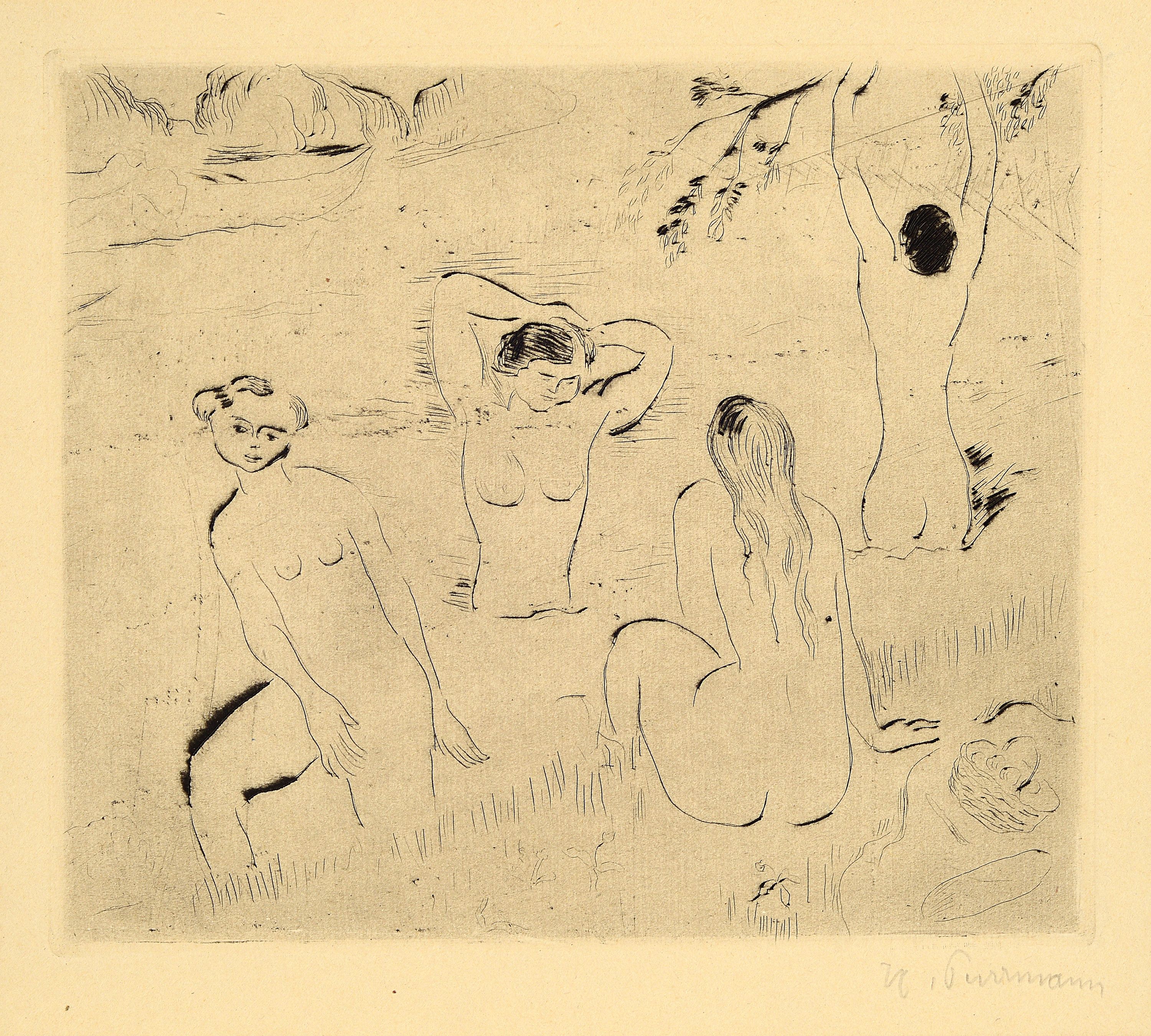 Hans Purrmann, 1880 Speyer-1966 Basel, vier badende Frauen am Strand, Radierung, rechts unten handsigniert, links unten Stempel: Vereinigung ...