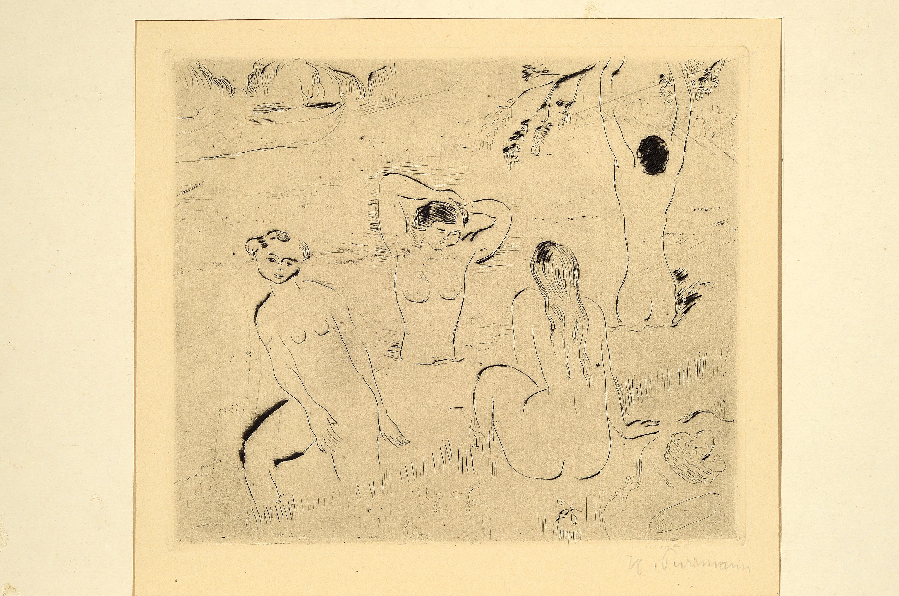 Detail k: Hans Purrmann, 1880 Speyer-1966 Basel, vier badende Frauen am Strand, Radierung, rechts unten handsigniert, links unten Stempel: Vereinigung ...