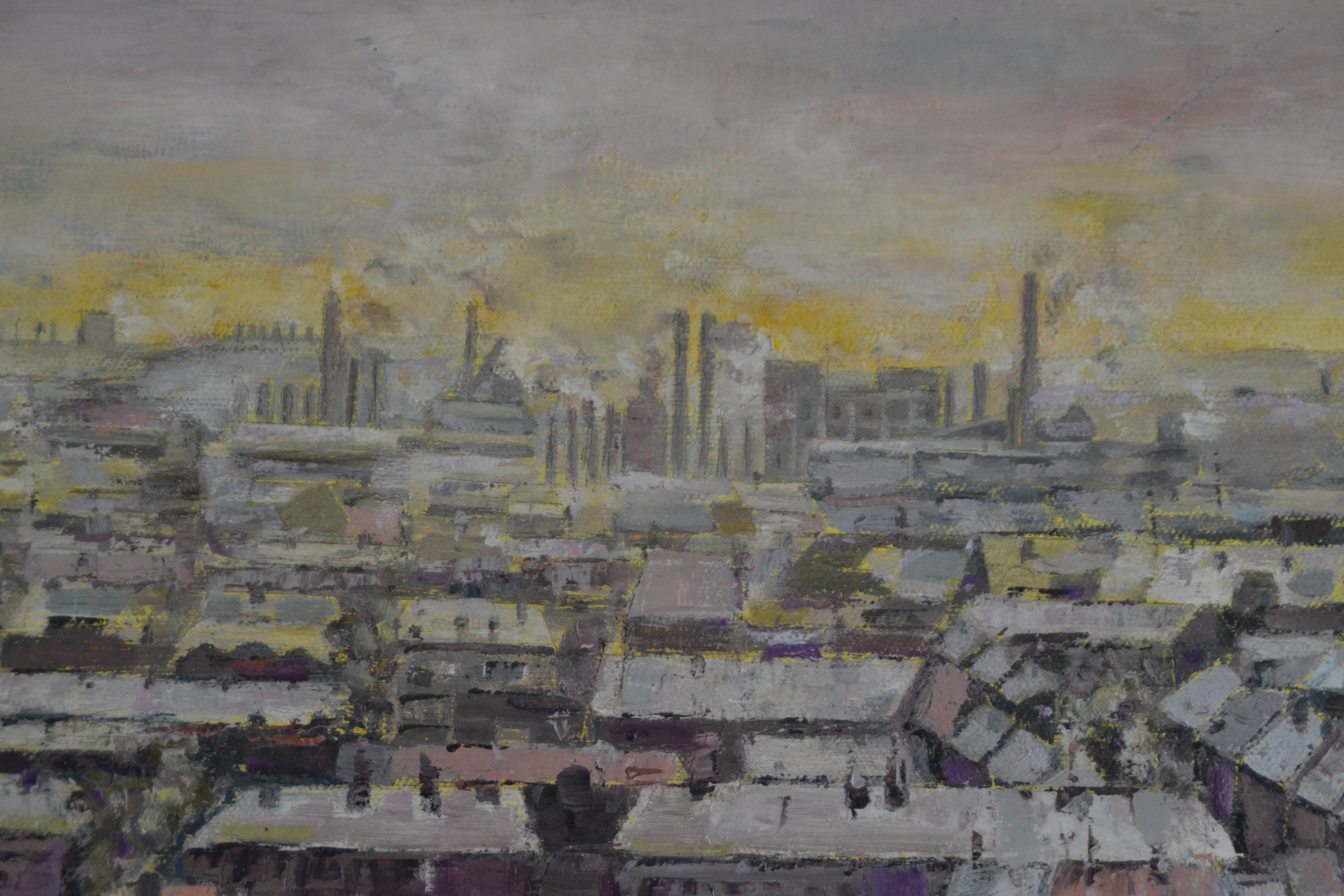 Detail b: Gerda Grohmann, Würzburger Künstlerin des späten 20.Jh., "Industriestadt" so auf Etikett bezeichnet, auf Keilrahmen signiert, Panorama ...
