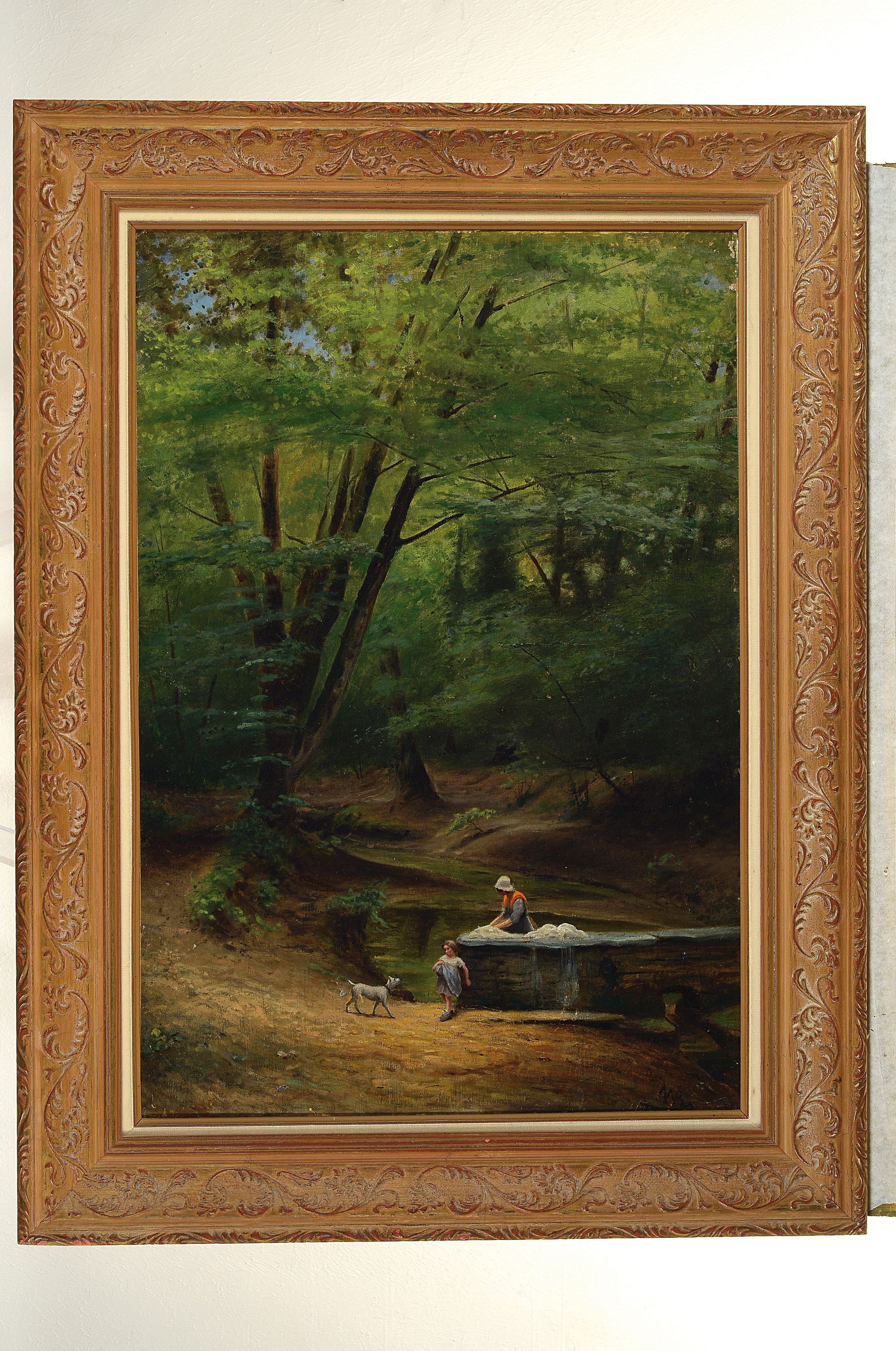 Detail k: Monogrammist MB, um 1900, Blick auf Waldlichtung mit Mutter und Kind beim Waschen,Öl/Lwd, doubliert, rechts unten monogrammiert,67x46 cm, Rahmen ...
