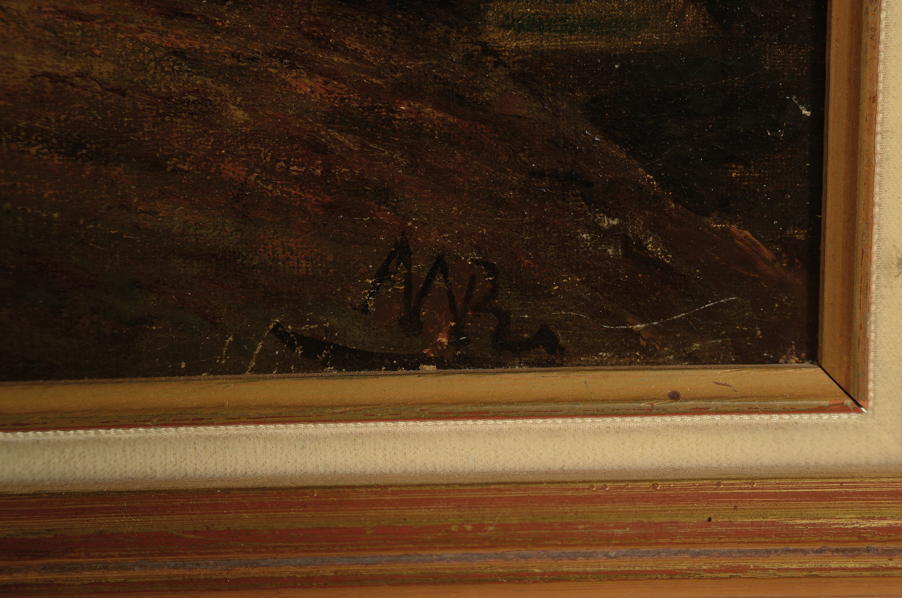 Detail l: Monogrammist MB, um 1900, Blick auf Waldlichtung mit Mutter und Kind beim Waschen,Öl/Lwd, doubliert, rechts unten monogrammiert,67x46 cm, Rahmen ...