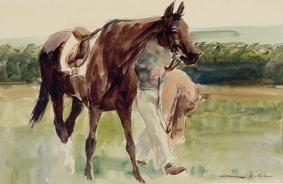Image 26755822 - Otto Dill, 1884 Neustadt-1957 Bad Dürkheim, rider leading his horse, watercolor on paper, signed lower right, approx. 25x39cm, PP, underglass, frame approx. 43x56cm