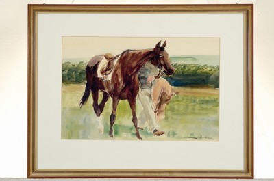 26755822k - Otto Dill, 1884 Neustadt-1957 Bad Dürkheim, rider leading his horse, watercolor on paper, signed lower right, approx. 25x39cm, PP, underglass, frame approx. 43x56cm