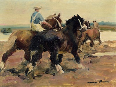 Image 26755823 - Otto Dill, 1884 Neustadt-1957 Bad Dürkheim, rider with 4 horses on the way to the ford, oil/wood, right below sign., approx. 30x40cm, frame approx. 42x52cm